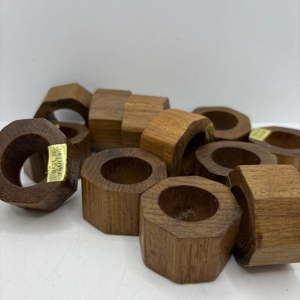 Hand Crafted Teak Wood Round Napkin Rings Made in Thailand‎ Set of 12